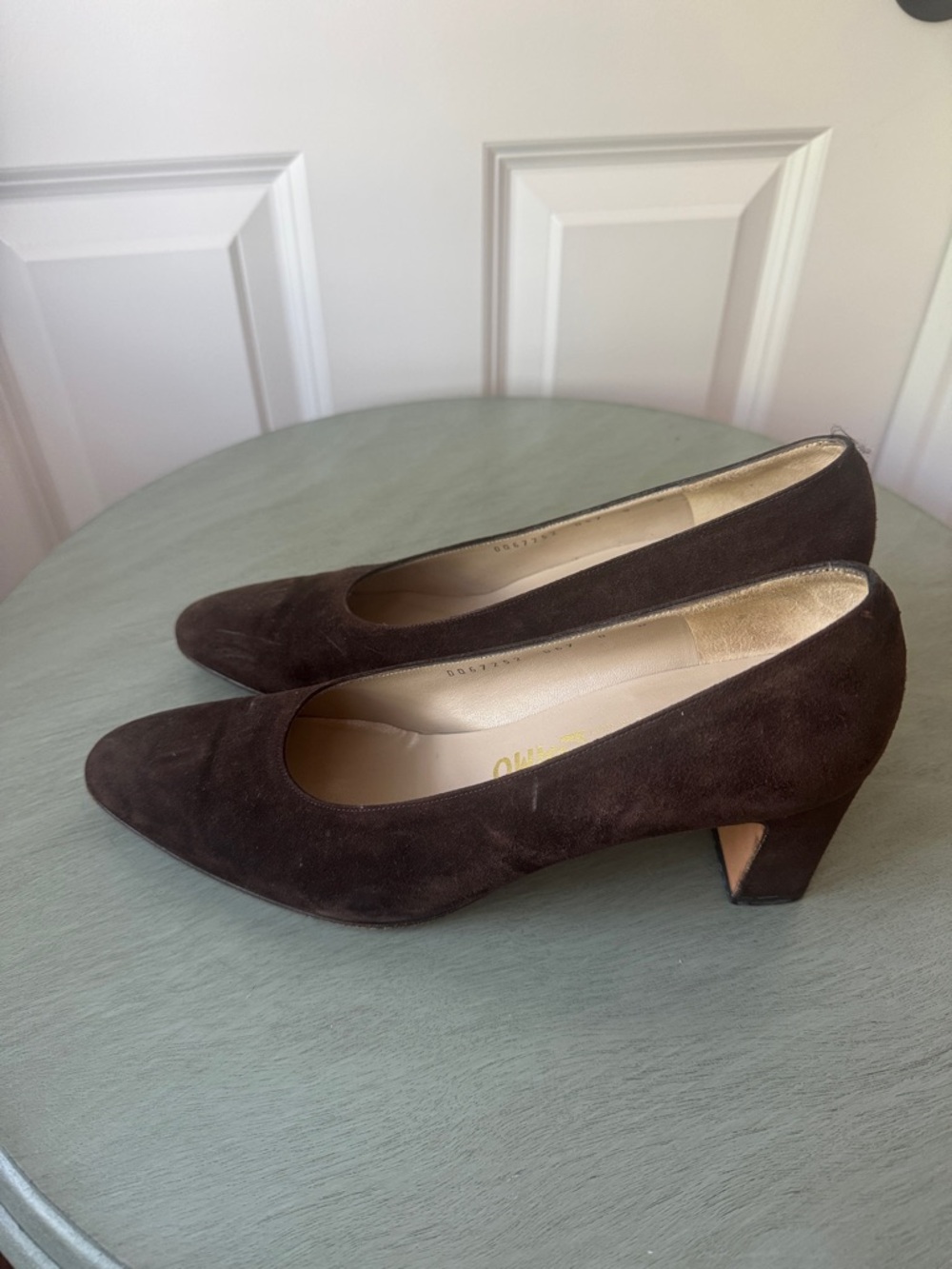 Salvatore Ferragamo Dark Brown Suede Mid Heel Pumps